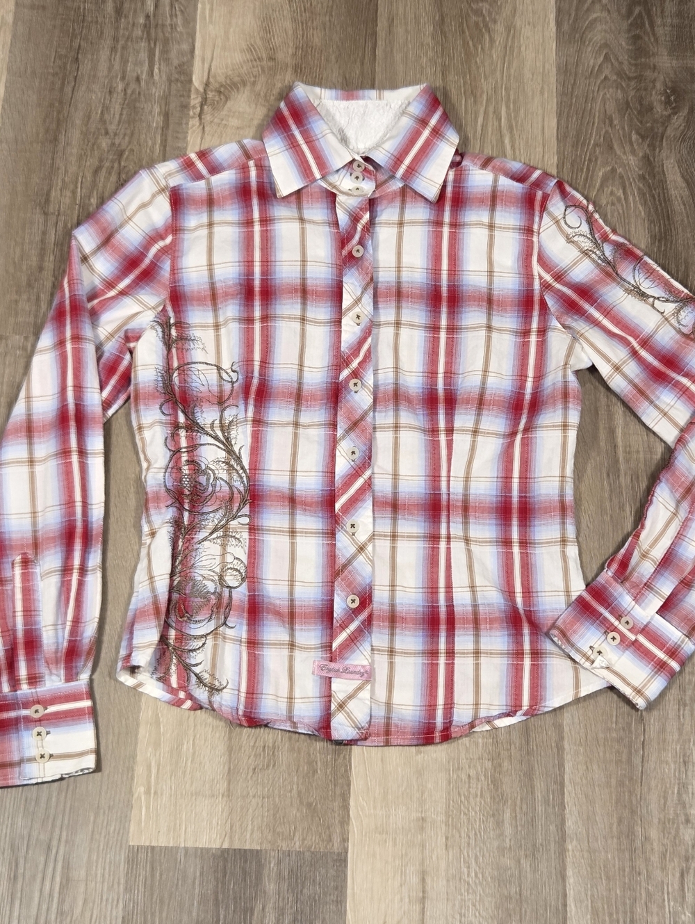 EL by English Laundry Women's Jrs M Plaid Embroidered Long Sleeve Button Shirt